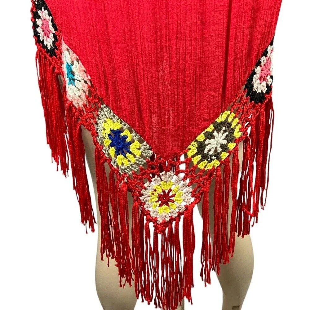 Dasayo Boho V-Neck Red Crochet Trim Swim Cover-up Size M Boho Grandmacore
